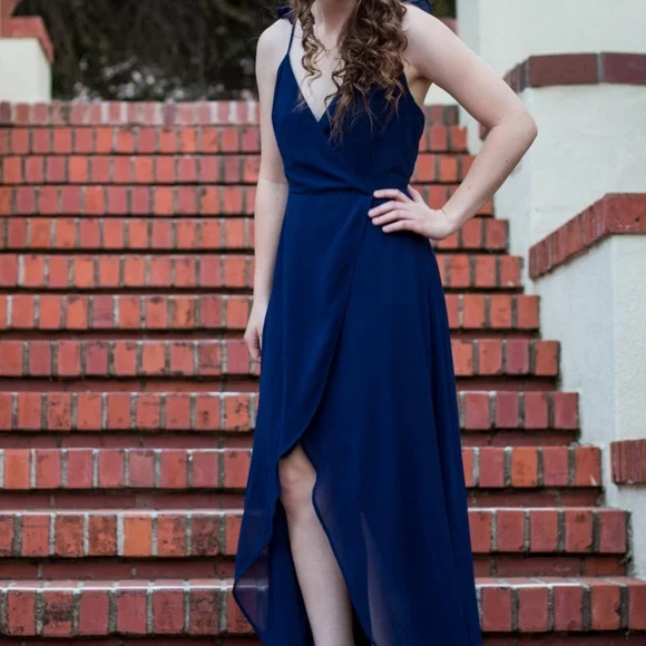 evening wedding guest dresses Alayna Navy Long-Sleeve Maxi Dress With Ruffled Split – Club L London